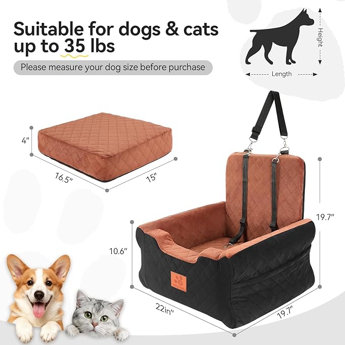 NEEZUKAR Dog Car Seats for Small/Medium Dogs, Elevated Memory Foam Dog Booster Seat, Detachable Washable Pet Car Seat with Safety Belts & Storage Pockets (Black-Brown)
