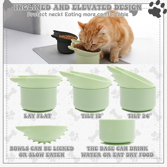 2 Pack Black, Green Slow Feeder for Cat Bowls, Silicone Tilted Raised Pet Bowl with Non Slip Base for Digestion Anti Vomit