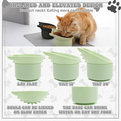 2 Pack Black, Green Slow Feeder for Cat Bowls, Silicone Tilted Raised Pet Bowl with Non Slip Base for Digestion Anti Vomit