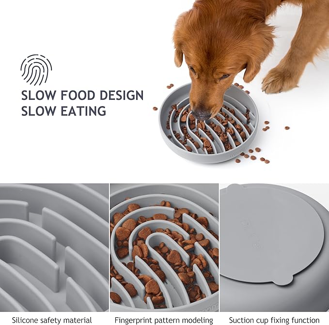 Coomazy Large Silicone Slow Feeder Dog Bowls, Interactive Puzzle Toy for Pets Food Training, Keeps Dogs Busy, Prevents Puppy Overeating (Smoke Gray, Large: 3.2Cup)