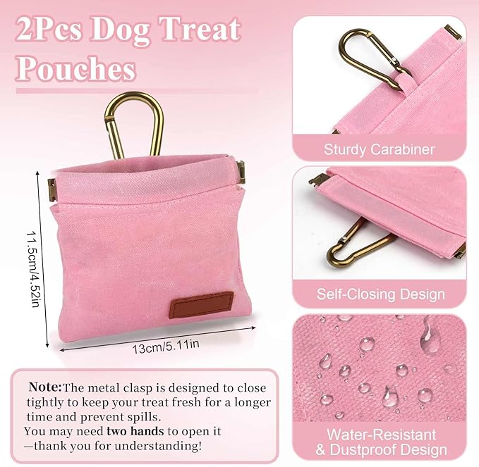 2Pcs Dog Treat Pouches for Pet Training, Hand Free Puppy Dogs Treat Bag with Carabiner, Portable Auto Closing Pet Dog Walking Bag for Travel or Outdoor Use, Pets Feed Snack Reward Pocket- Black, Pink
