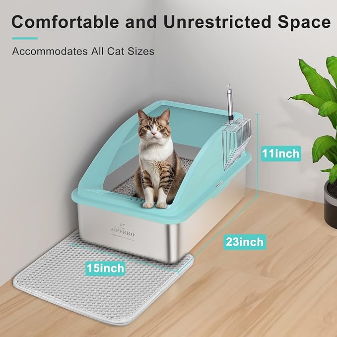 Stainless Steel Litter Box | XL Enclosed Cat Litter Boxs with Lid for Big Cats | High Sided, Anti-Urine Leakage | Non-Stick Bottom & Includes Litter Mat & Metal Scoop (Turquoise, X-Large)