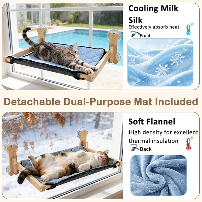 SZEE Cat Window Perch with Breathable Mesh for Airflow, Foldable Cat Window Hammock Bed with Wooden Frame, Equipped with Dual-Sided Mat for All-Season Use, Strong Suction Cups & Solid Thicken Frame