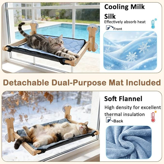 SZEE Cat Window Perch with Breathable Mesh for Airflow, Foldable Cat Window Hammock Bed with Wooden Frame, Equipped with Dual-Sided Mat for All-Season Use, Strong Suction Cups & Solid Thicken Frame