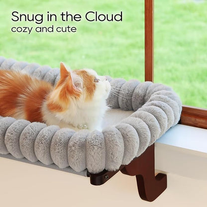 Zakkart SnugCloud Cat Window Perch with 4-Sided Bolster - Large Cat Hammock for Window Sill - Solid Hardwood & Metal Frame - Window Seat for Pets (Dark Stained Wood w/Gray Bed, Large)