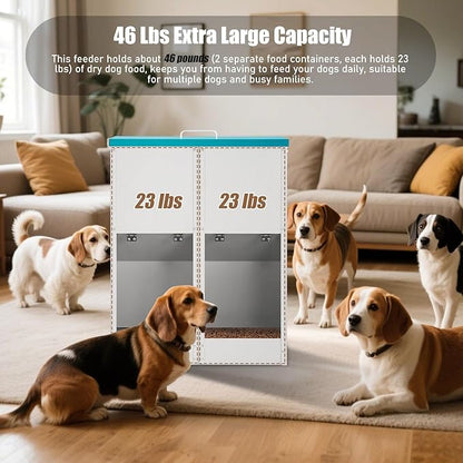 Gravity Automatic Dog Feeder for 2 Dogs - No Assembly Required, 46Lbs Capacity, Galvanized Metal Self Feeding Dog Food Dispenser, Double Pet Feeder for Outdoor and Indoor Use