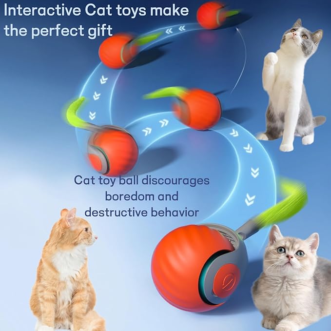 2026 Upgraded Self-Moving Cat Toy Ball with Tail (2-Pack) - Rechargeable Smart Interactive Kitten Toys, 2-Speed Modes, Bite-Resistant Indoor Exercise Toys for Bored Cats (Blue&Orange)