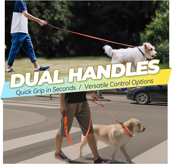 VIVAGLORY Dog Leash Twingrip Double Handle Dog Leash with Traffic Handle Control & 2 Loop for Walking & Training, Reflective Heavy Duty for Puppy Pet Collar, 5ft x 1in, Orange