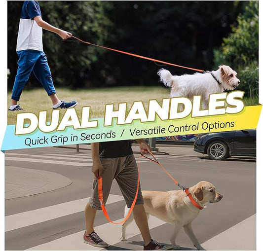 VIVAGLORY Dog Leash Twingrip Double Handle Dog Leash with Traffic Handle Control & 2 Loop for Walking & Training, Reflective Heavy Duty for Puppy Pet Collar, 5ft x 1in, Orange