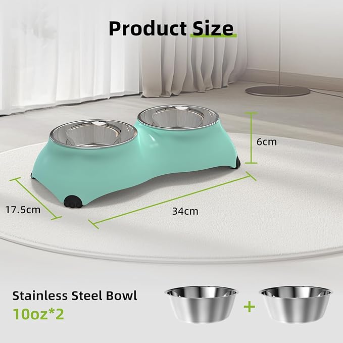 Stainless Steel Dog Bowls Set, Double Food & Water Bowls for Dogs, Dual Dog Food Bowl with 2 Medium (10oz*2) Bowl, Non-Slip Pet Bowls Suitable for Puppies, Cats and Medium Breed Dogs (Green)