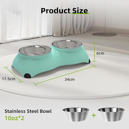 Stainless Steel Dog Bowls Set, Double Food & Water Bowls for Dogs, Dual Dog Food Bowl with 2 Medium (10oz*2) Bowl, Non-Slip Pet Bowls Suitable for Puppies, Cats and Medium Breed Dogs (Green)