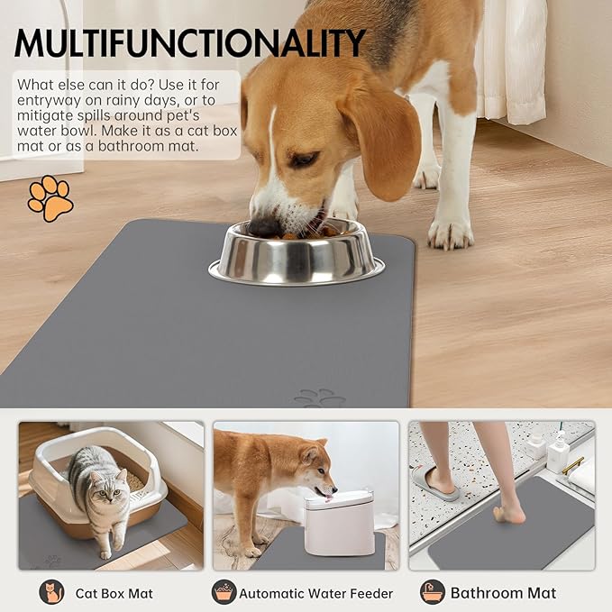 Newest Diatomite Stone Pet Feeding Mat for Dog&Cat–Super Absorbent Diatomite Fast Drying Stone Dog Food Mat, Quick Dry Dog Mats for Food and Water with Non-Slip Pad (24×16'', Dark Gray, Square)