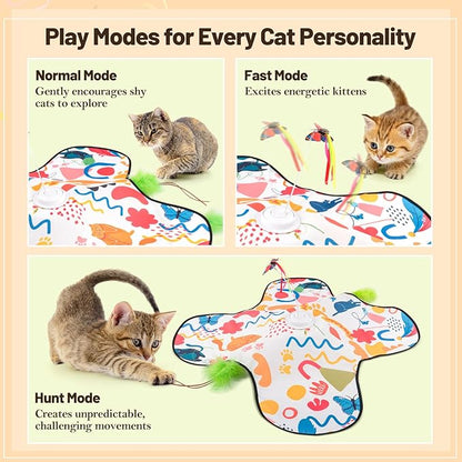 Interactive Cat Toys, Automatic Hide and Seek Cat Toys for Indoor Cats with 4 Lifelike Sounds, Touch Activated, Motorized Wand Feather, and Moving Butterfly for Bored Adult Kitten Cats