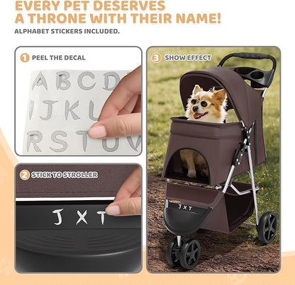 Magshion 3-Wheel Pet Stroller, Foldable Travel Jogger for Small & Medium Dogs & Cats (Up to 33lbs), Lightweight Carrier with Breathable Mesh Cover, Cup Holder & Storage Basket, Coffee