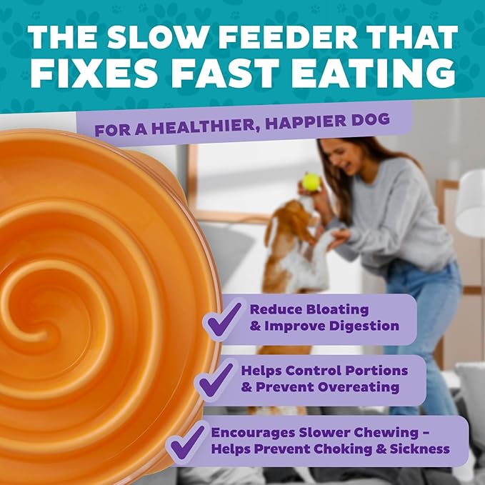 Outward Hound Fun Feeder Slo Bowl – Large 4‑Cup Capacity,Slow Feeding,Medium to Large Dogs,Non‑Slip,Orange,Swirl Pattern,(Pack of 6)
