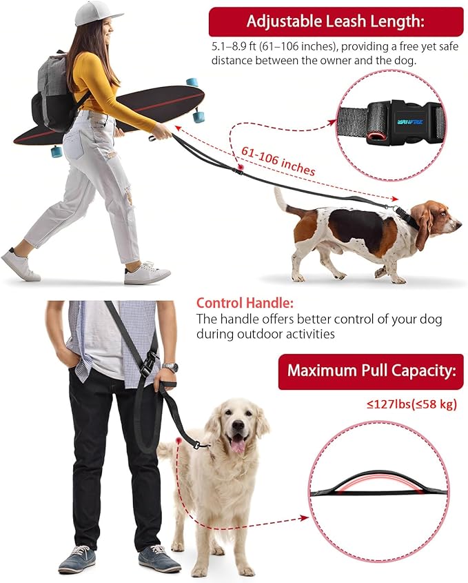 Hands Free Dog Leash, 5.1-8.9Ft Crossbody Long Leash, Waist Dog Belt for Small & Medium Dogs, City Walking & Running Outdoor Hiking &Travel etc. (Black)