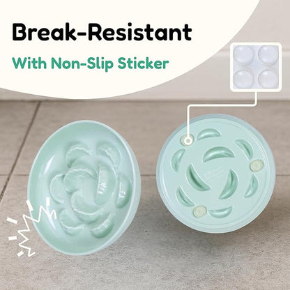 2 Pcs Cat Slow Feeder Bowl for Dry & Wet Food - Unbreakable Melamine Cat Food Plates for Slow Eating - Puzzle Feeder Bowl - Whisker Friendly & Dishwasher Safe & Non Slip Design (Blue + Green)