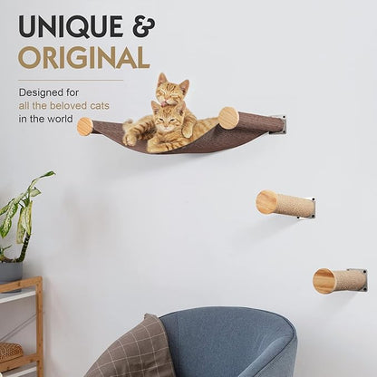Wall-Mounted Cat Hammock & Shelves Set with 2 Steps - Premium Cat-Wall Furniture for Indoor Cats, Climbing, Lounging - Durable Multi-Level Perch for Large Cats (Brown)