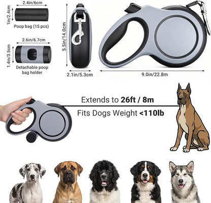 Segarty 26 Ft Walking Lead with Poop Bag Holder for Dog 66 lbs - 110 lbs, 8m Dog Leash Retractable with Anti-Slip Handle & One-Handed Brake Pause Lock, 360°Tangle-Free Leash for Pet Outside Activities