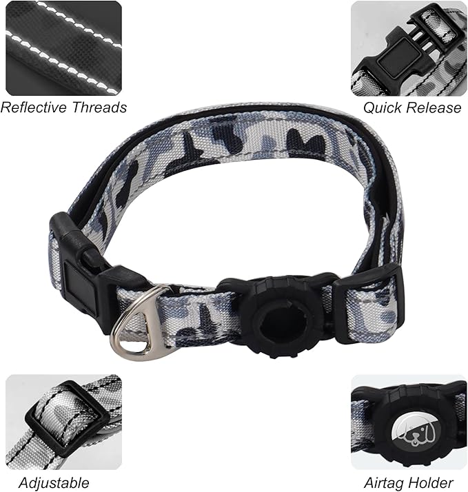 JSXD Dog Leash and Collar Set with AirTag Holder for Small Medium Large Dogs,5 FT Double Rope Leashes with Adjustable Reflective Soft Padded Nylon Pet Collars (Black, Small)