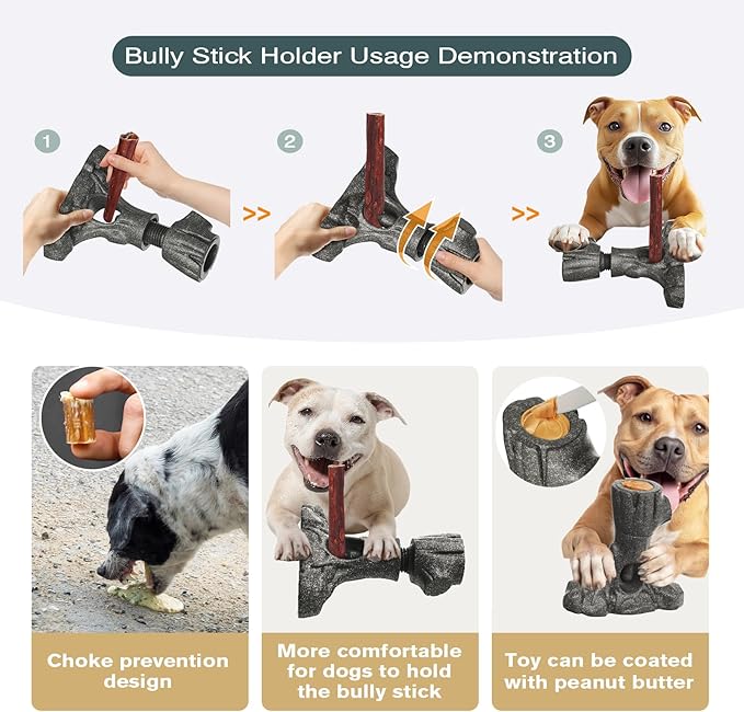 Tree Stump Dog Puzzle Toy for Medium/Large Dogs – Interactive Chew Toy with Frozen Treat Molds & Peanut Butter Grooves, Tree Trunk Bully Stick Holder for Dogs, Fits Various Bully Sticks