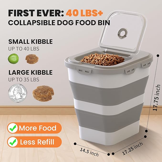 35-40 Lbs Airtight Dog Food Storage Container, Collapsible Dog Food Container with Lid, Wheels, Date Track, Large Pet food storage Container for Rice,Flour,Sugar,Dog Food Scoop,2PCS Containers