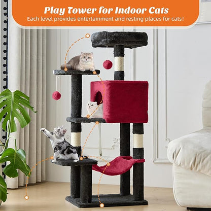 DUMOS Small 44 Inch Cat Tree Tower, Cat Climbing Tower with Natural Sisal Scratching Posts, Hammock, Pet Condo for Indoor Cats and Kittens Play, Black and Red
