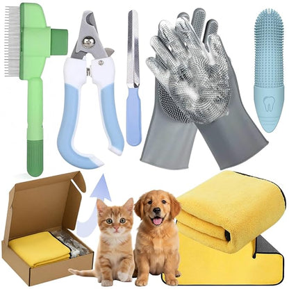 Cat Grooming Kit- 6PCS include Dog Brush For Shedding,Cat Combs For Indoor Cats,Puppy Quick-Drying Towel, Dogs Washing Gloves, Dog & Cat Pets Nail Clippers and Trimmers,Reusable.
