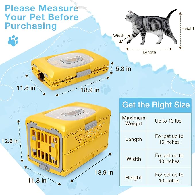 Cat Carrier Pet Carrier for Cat, Plastic Collapsible Cat Carrier Hard for Camping Vet Visits Travel, Fully Breathable Pet Travel Carrier Crate Under 13LBS (18.9" L x 11.8" W x 12.6" H)