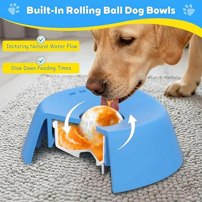 Dog Lick Bowl with Rolling Ball for Bone Broth Yogurt, Slow Feeder Pet Bowl for Liquid Wet Food, Food-Grade Rubber Feeding Toy, Boredom Anxiety Relief for Dogs Cats All Breeds Sizes