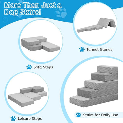 Dog Stairs for Small Dogs, 5 Step Pet Stairs for High Beds and Couch, Dog Steps for Bed Balanced 22.4" H, Foldable Pet Ramp for Large Cats Climb, Non-Slip Bottom Doggy Step, Light Grey