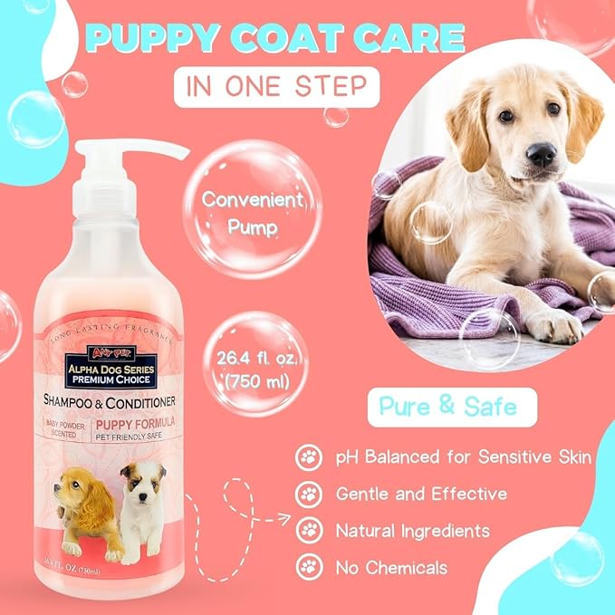Alpha Dog Series Natural Puppy Shampoo and Conditioner Tear Free with Aloe Vera, pH-Balanced Shampoo for Puppies, Tearless Dog Shampoo and Conditioner, Puppy Wash Sensitive Skin 26.4 Oz (Pack of 2)