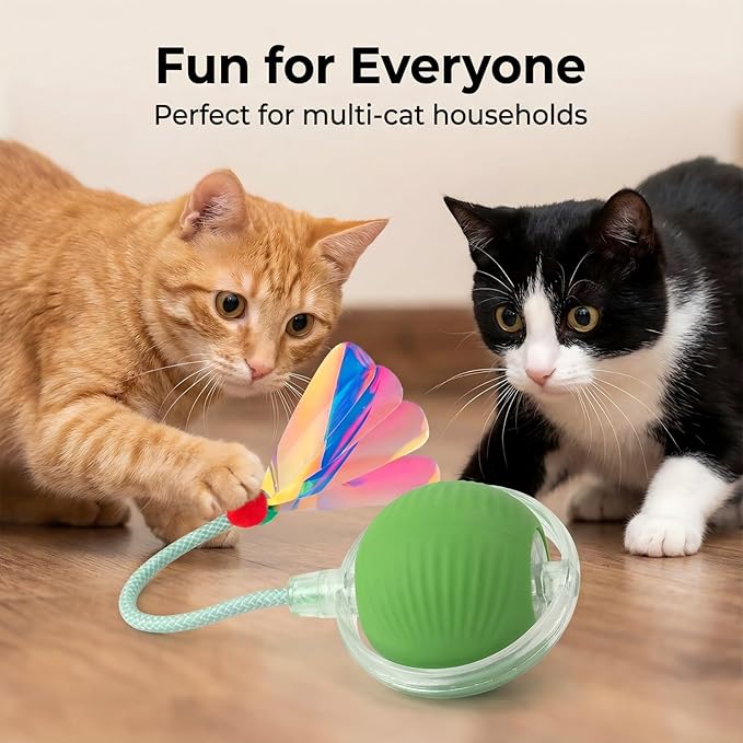 JBD Interactive Cat Toy Ball for Indoor Cats-Silent Automatic Rolling & Self Moving Electric Kitten Toys, USB Rechargeable Smart Ball with Tail, Motion Activated Hunting Exercise for Bored Cats Green