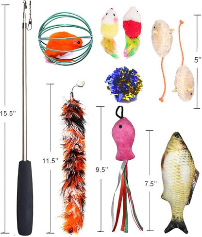 Cat Toys Set, Cat Retractable Teaser Wand, Catnip Fish, Interactive Cat Feather Toy, Mylar Crincle Balls, Two Cotton Mice, Four Fluffy Mouse