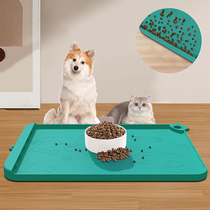Silicone Dog Food and Water Mat - Pet Feeding Mats with Waterproof Design, Raised Edges and Hooks, Placemats for Cats and Dogs