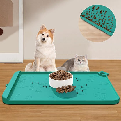 Silicone Dog Food and Water Mat - Pet Feeding Mats with Waterproof Design, Raised Edges and Hooks, Placemats for Cats and Dogs