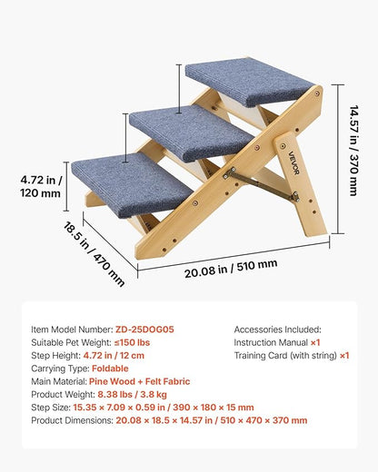 VEVOR Wood Pet Stairs, 3-Step Dog Stairs for Beds, Sofa & Cars, 150lbs Load Capacity, Floded Flat Design, Stable & Sturdy Cat & Dog Step Ladder for Small Medium Large Older Pet Puppy Essentials
