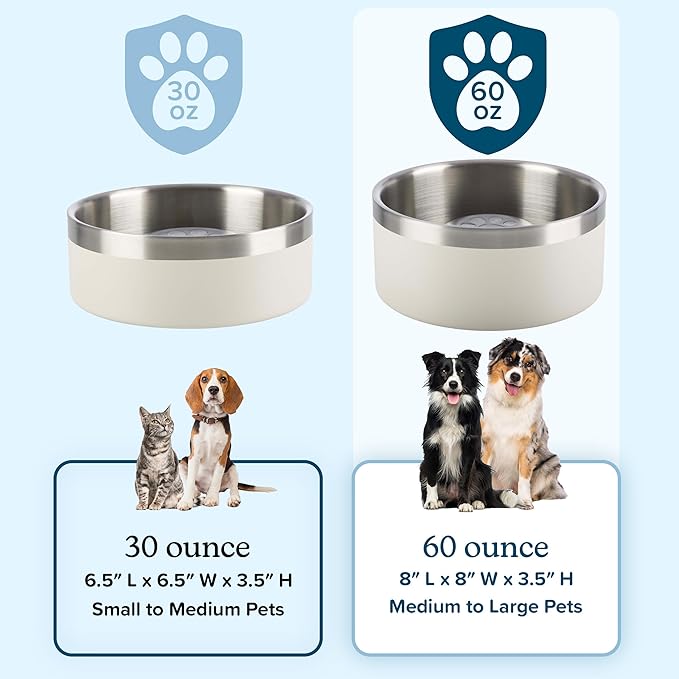 Set of 2 Stainless Steel Slow Feeder Dog Bowls - 60oz or 7.5 Cups Double Wall Insulated Food and Water Bowls for Dogs - Non Slip Metal Pet Dishes for Medium to Large Sized Pets by PETMAKER (Cream)