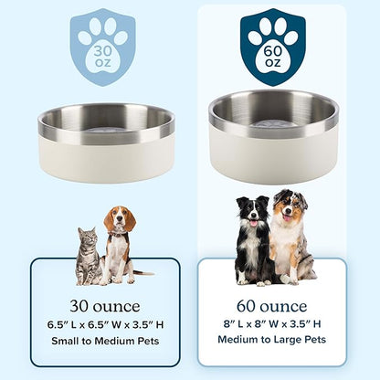 Set of 2 Stainless Steel Slow Feeder Dog Bowls - 60oz or 7.5 Cups Double Wall Insulated Food and Water Bowls for Dogs - Non Slip Metal Pet Dishes for Medium to Large Sized Pets by PETMAKER (Cream)