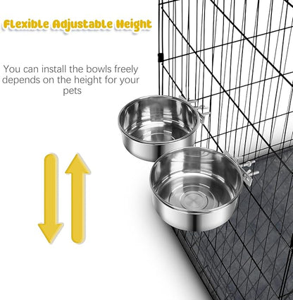 2 Pcs Medium Dog Food Water Bowl for Cage with Upgraded Clamp Holder, Pet Kennel Hanging Bowls Stainless Steel Detectable Bowls Crate Feeder Dish for Medium Dogs (6.3x2.7'' & 5.5x2.3'')