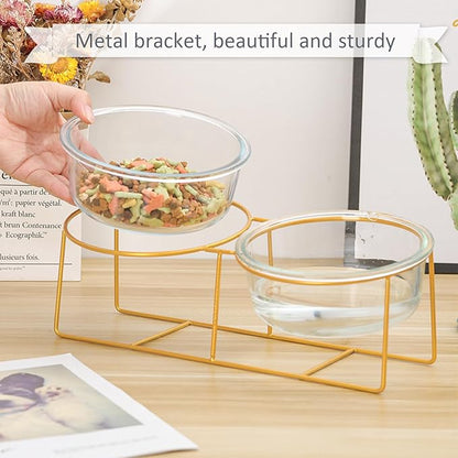 Elevated Dog Bowl Set of 2 - Double Glass Bowls with Gold Iron Stand - Raised Dishes Comfortable Feeding - Ideal for Small to Medium Sized Dogs