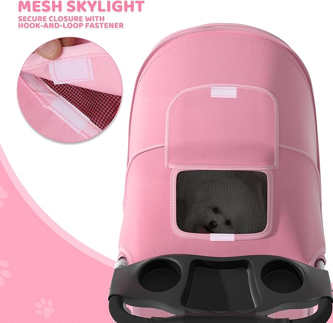Magshion 3-Wheel Pet Stroller, Foldable Travel Jogger for Small & Medium Dogs & Cats (Up to 33lbs), Lightweight Carrier with Breathable Mesh Cover, Cup Holder & Storage Basket, Pink