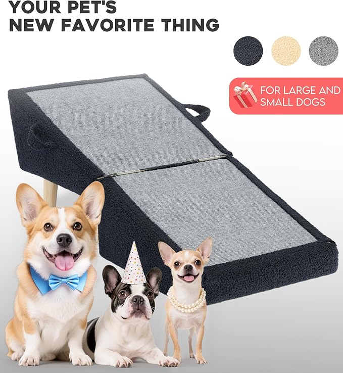 Dog Stairs for Small Dogs and Cats – 2-in-1 Dog Ramp for Couch and Low Bed, 16.5'' Foldable Wooden Pet Ramp, Sturdy Multi-Use Split Ottoman Design, Dark Blue
