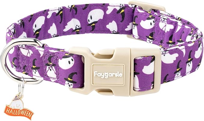 Faygarsle Halloween Dog Collar with Charm, Purple with Ghost Pattern, Adjustable Pet Collar for Small Medium Large Dogs XS