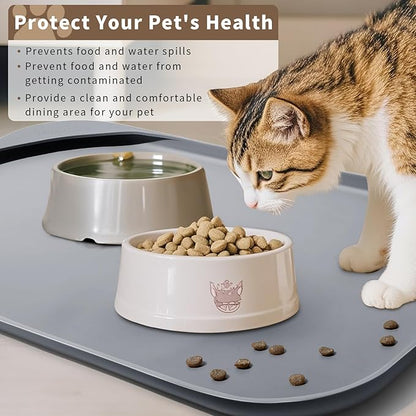 Silicone Pet Food Mat with Raised Edge for Food and Water Bowl, Dog Feeding Mats, Cat Food Trays for Floor Waterproof, Rubber Tray for Dogs and Cats, 22 x 14 x 0.8 Light Gray