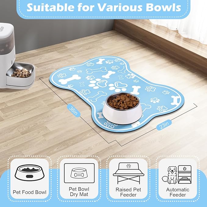Dog Cat Mat for Food and Water,Rapid Absorbent Pet Feeding Mat, Bone Shaped Dog Placemat Bowl Mat with Rubber Backing,No Stains Pet Food Mats Indoor, Pet Accessories Supplies,Blue 23"×36"