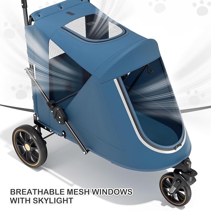 MoNiBloom Pet Stroller for Large Dogs or Multiple Dogs Cats with Adjustable Handle, 3-Wheels Dual Entry Portable Dog Carting Easy Folding Pet Wagon Double Dog Stroller up to 55 lbs, Navy Blue