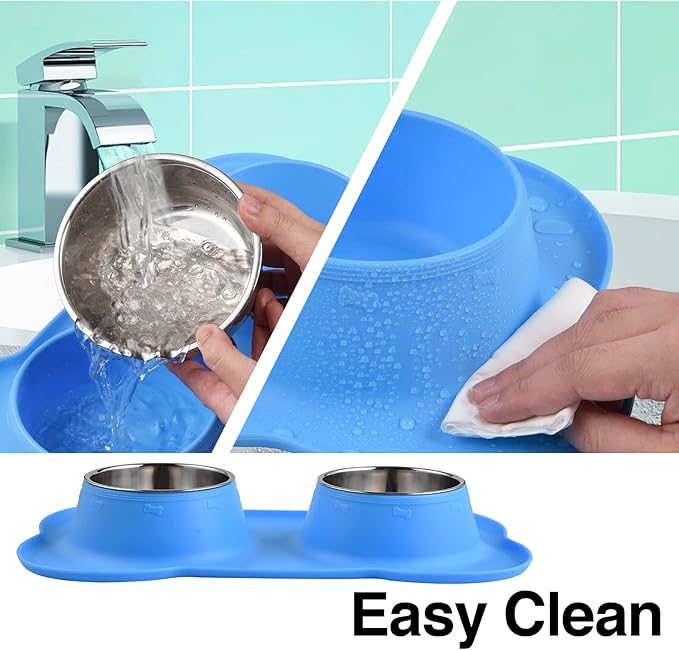 Dog Bowls 2 Stainless Steel Bowl for Pet Water and Food Feeder with Non Spill Skid Resistant Silicone Mat for Pets Puppy Small Medium Cats Dogs