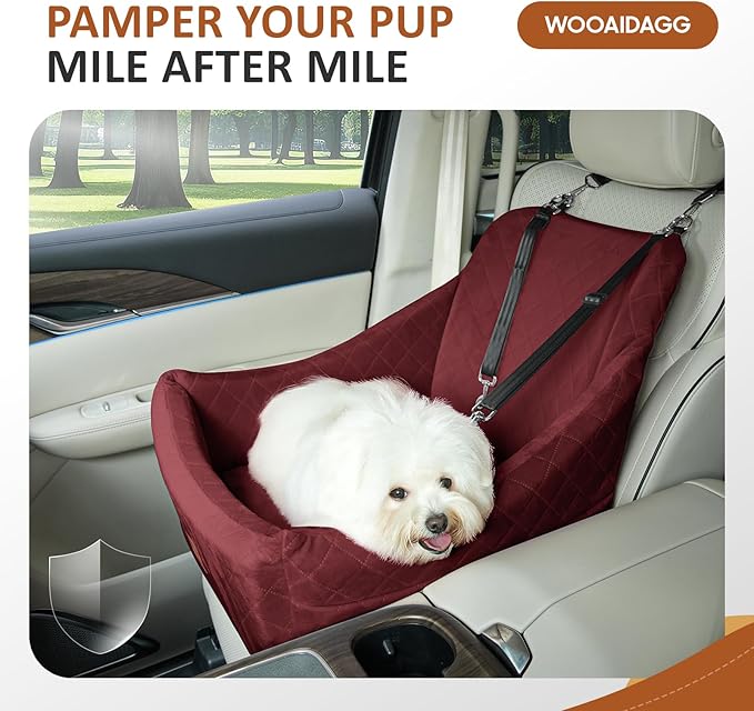 WOOAIDAGG Dog Car Seat for Medium Sized Dogs Up to 40lbs,Comfy Pet Travel Car Bed with Seat Belt Channle,Fully Detachable and Washable,Adjustable Straps,2 Side Pockets,Easy to Install (Red)
