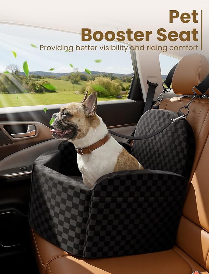 Dog Car Seat for Small/Medium Dogs Up to 35 lbs, Elevated Memory Foam Dog Booster Seat with 2 Safety Belts, Travel Safety Pet Car Seat with Detachable Washable Cover and Storage Pockets (Black/Black)
